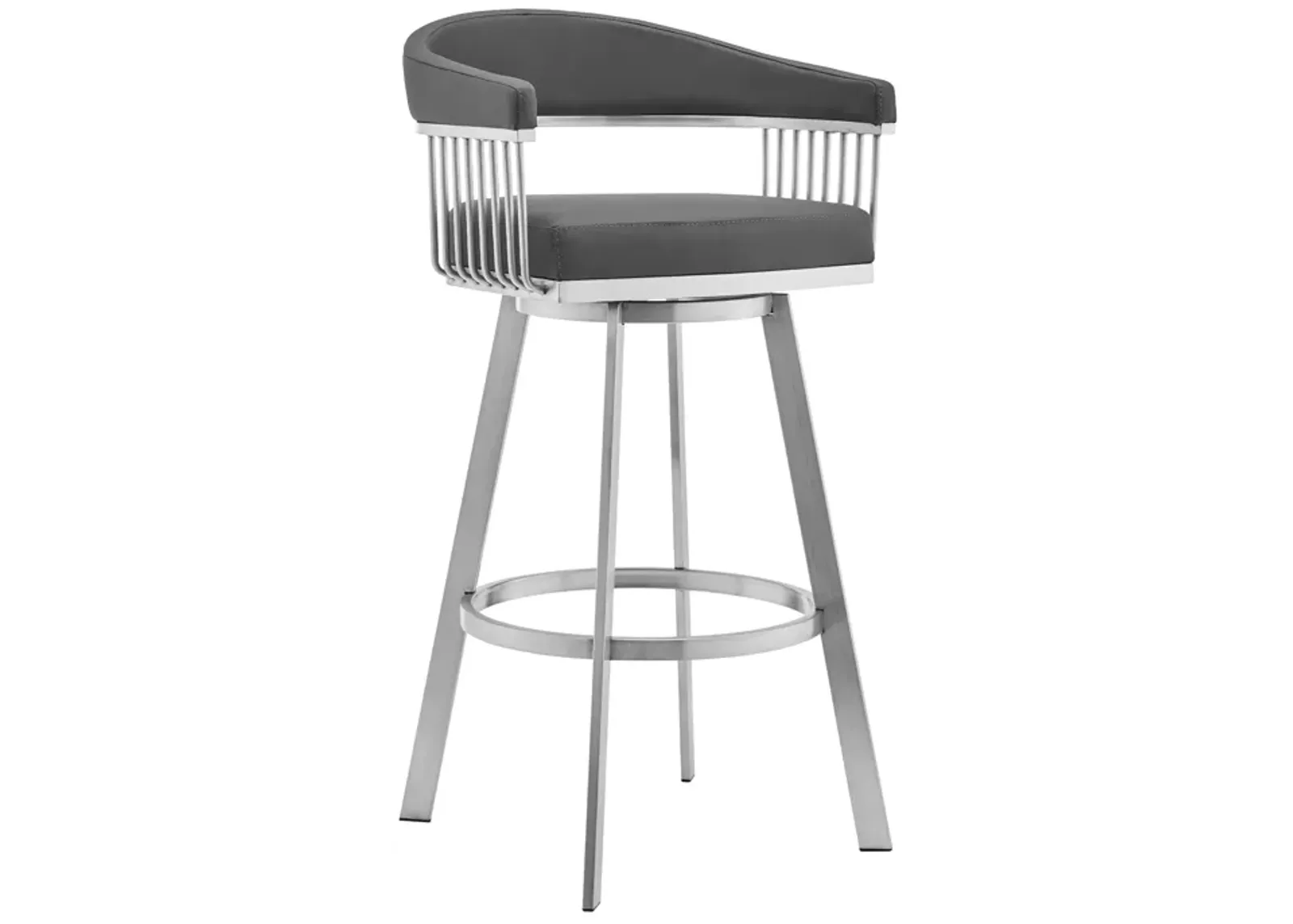 Bronson 29" Gray Faux Leather and Brushed Stainless Steel Swivel Bar Stool