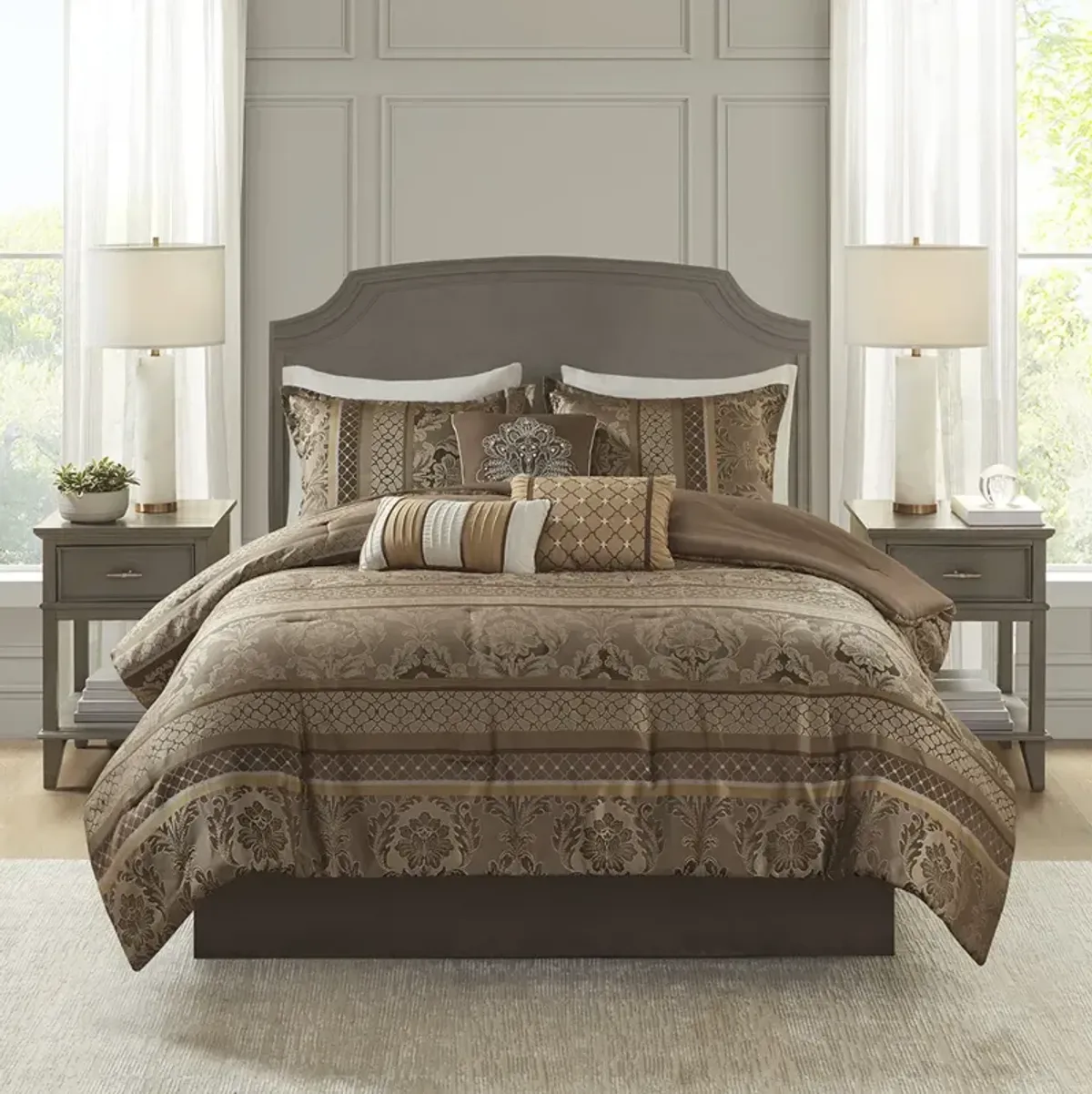 Madison Park Bellagio Brown/Gold 7 Piece Jacquard Comforter Set