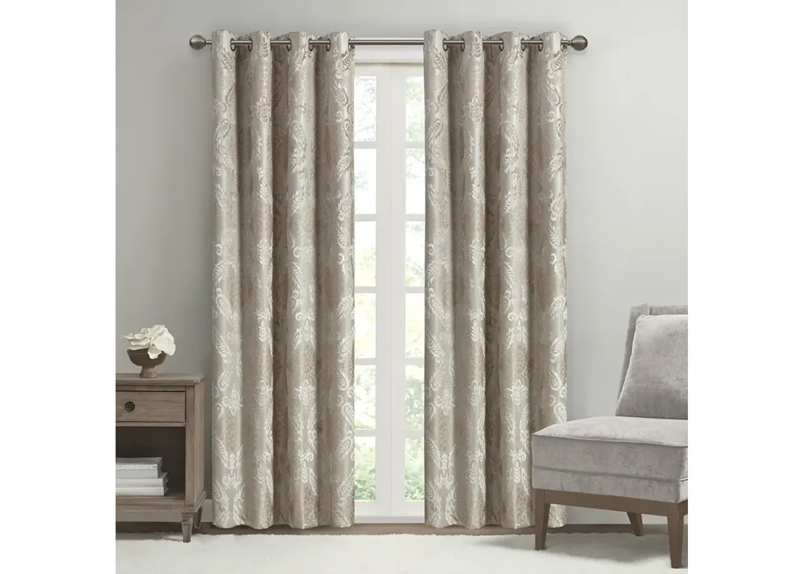 SunSmart Amelia Champagne Knitted Jacquard Paisley Total Blackout Grommet Top Curtain Panel