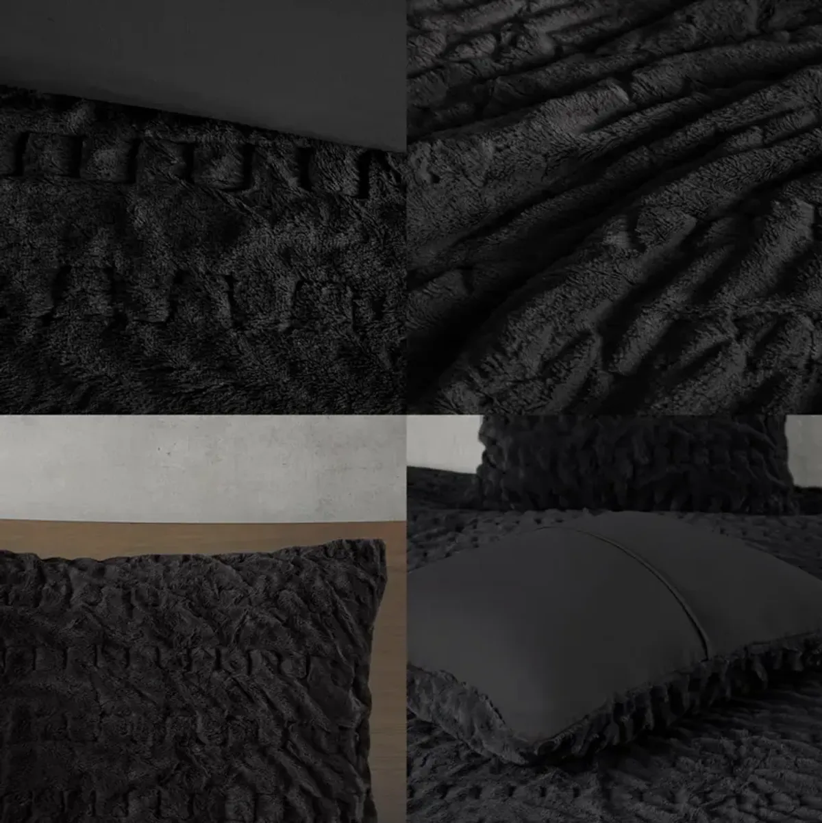 Madison Park Blair Black Ruched Fur Down Alternative Comforter Set