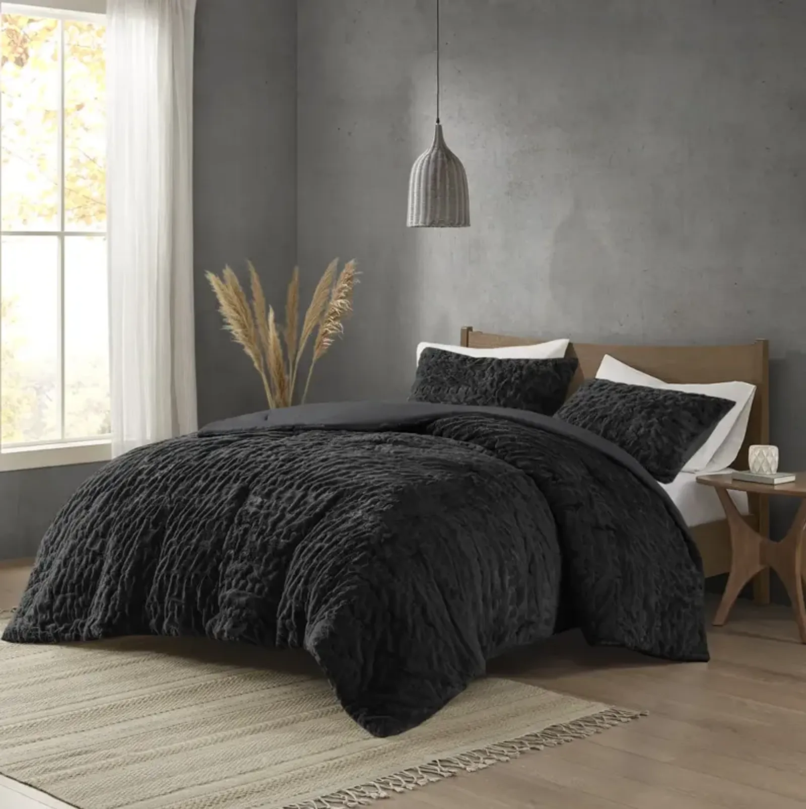 Madison Park Blair Black Ruched Fur Down Alternative Comforter Set