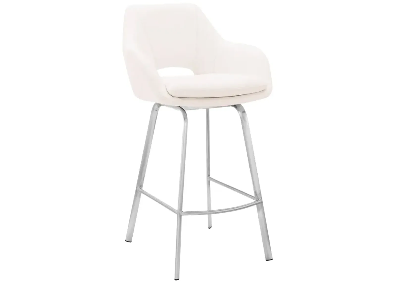 Aura White Faux Leather and Brushed Stainless Steel Swivel 26" Counter Stool