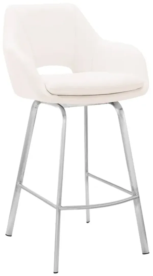 Aura White Faux Leather and Brushed Stainless Steel Swivel 26" Counter Stool
