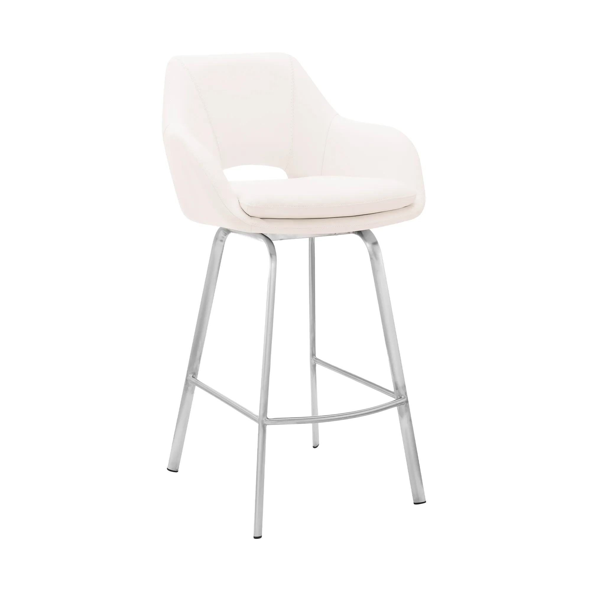 Aura White Faux Leather and Brushed Stainless Steel Swivel 26" Counter Stool