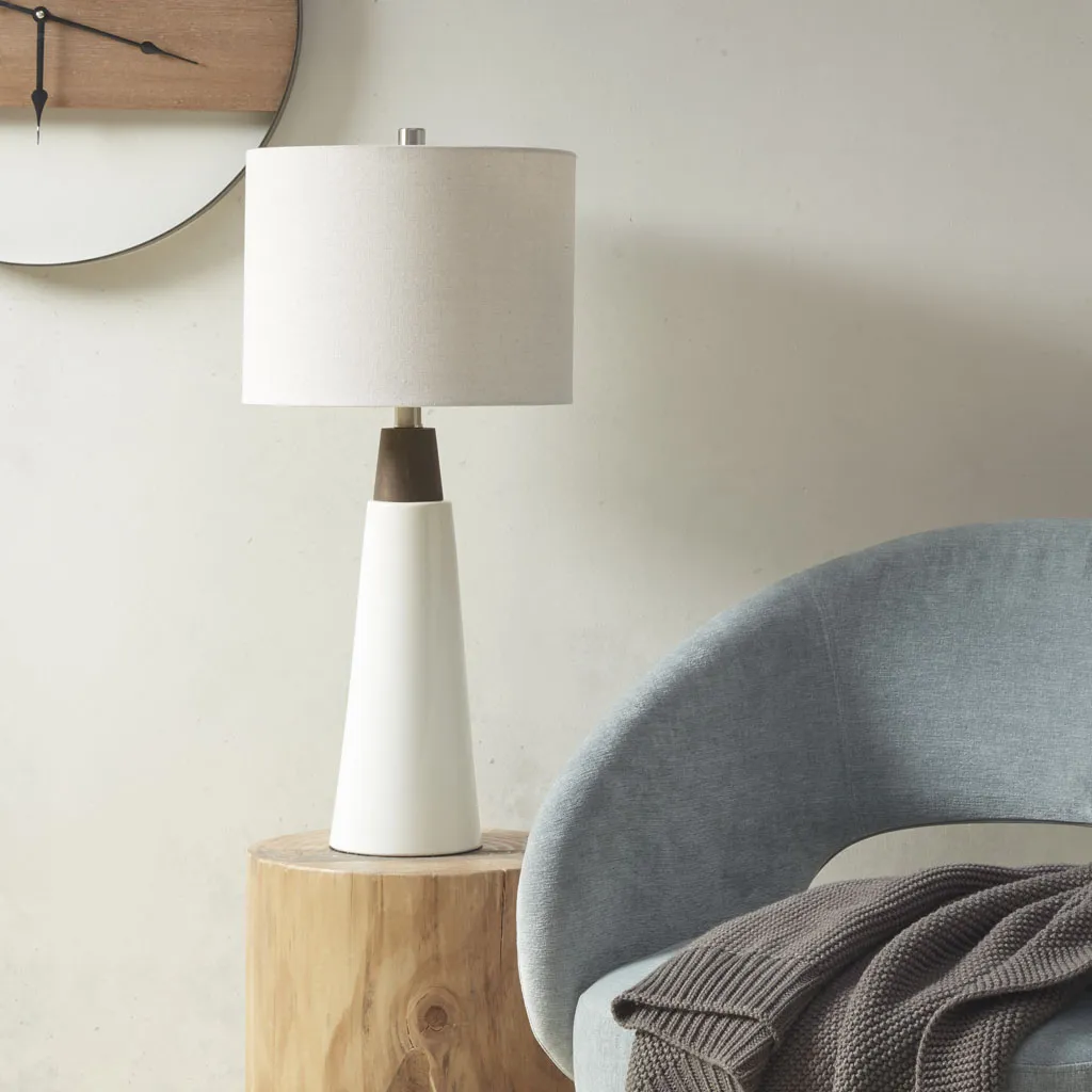 INK+IVY Tristan White Base/Cream Shade Triangular Ceramic and Wood Table Lamp