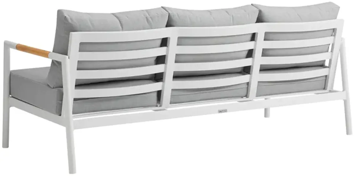 Crown 4 Piece White Aluminum and Teak Outdoor Seating Set with Light Gray Cushions