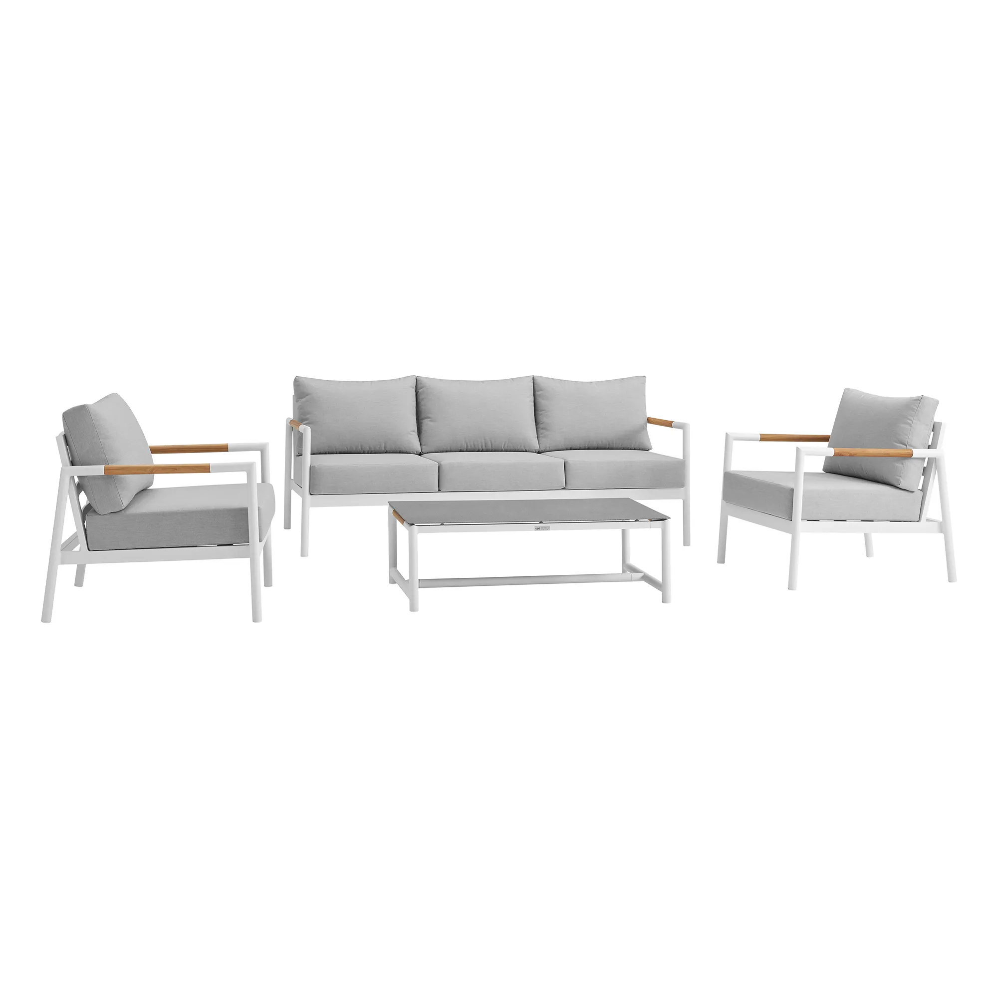 Crown 4 Piece White Aluminum and Teak Outdoor Seating Set with Light Gray Cushions