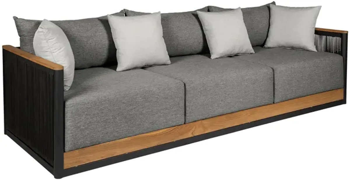 Artesia Outdoor Patio Sofa in Teak Wood and Black Rope with Dark Gray Olefin Cushions