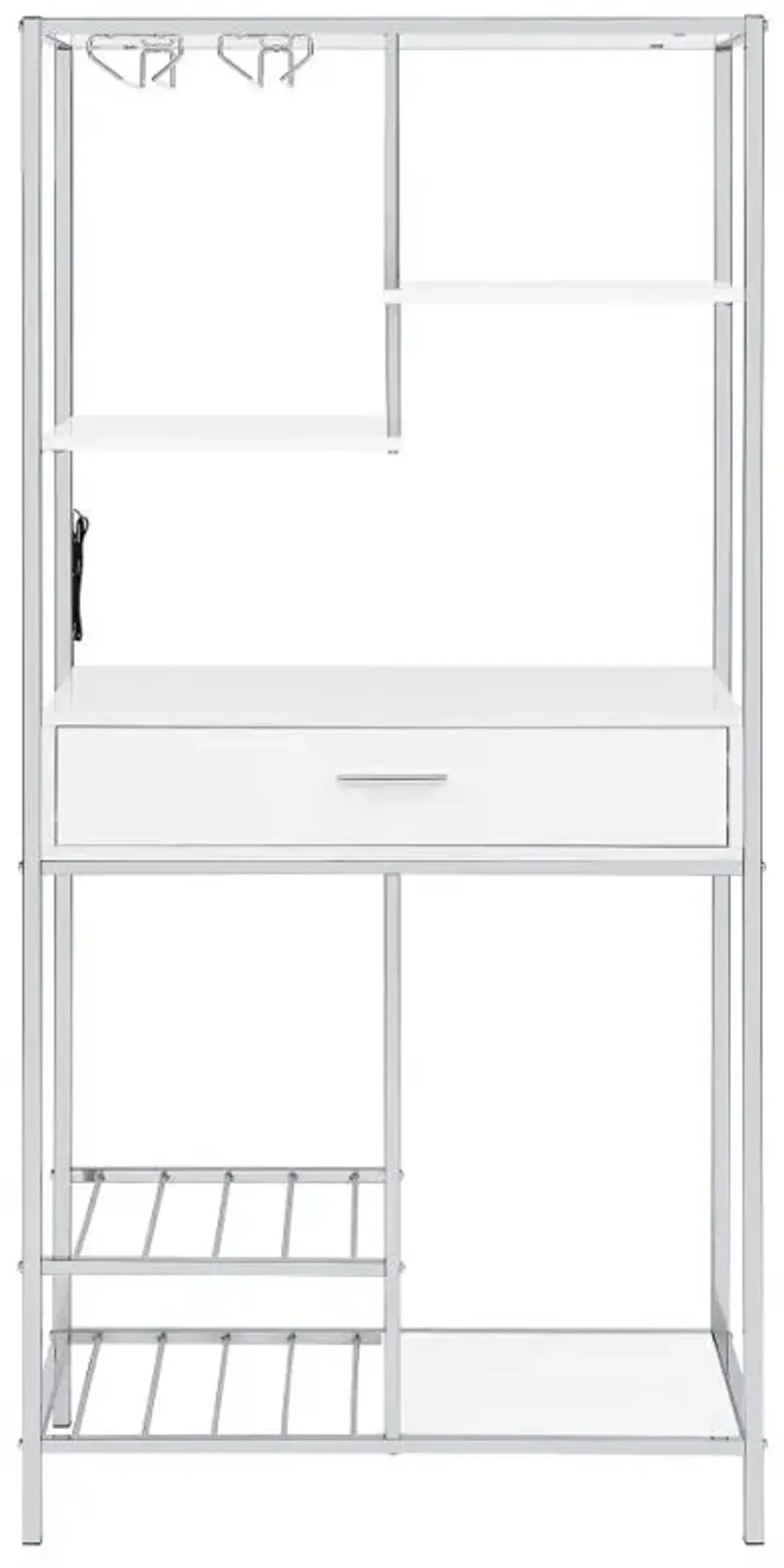 Figueroa 5-shelf Wine Cabinet with Storage Drawer White High Gloss and Chrome