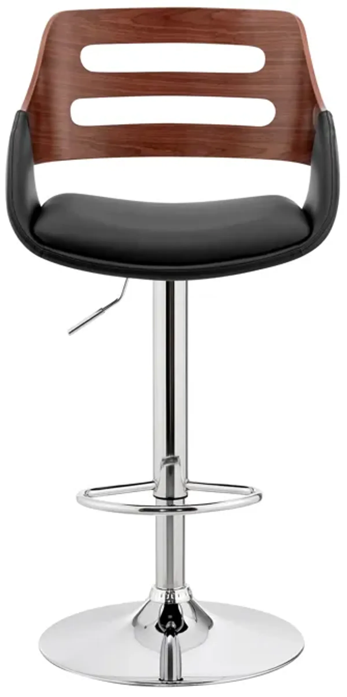 Karter Adjustable Black Faux Leather and Walnut Wood Bar Stool with Chrome Base