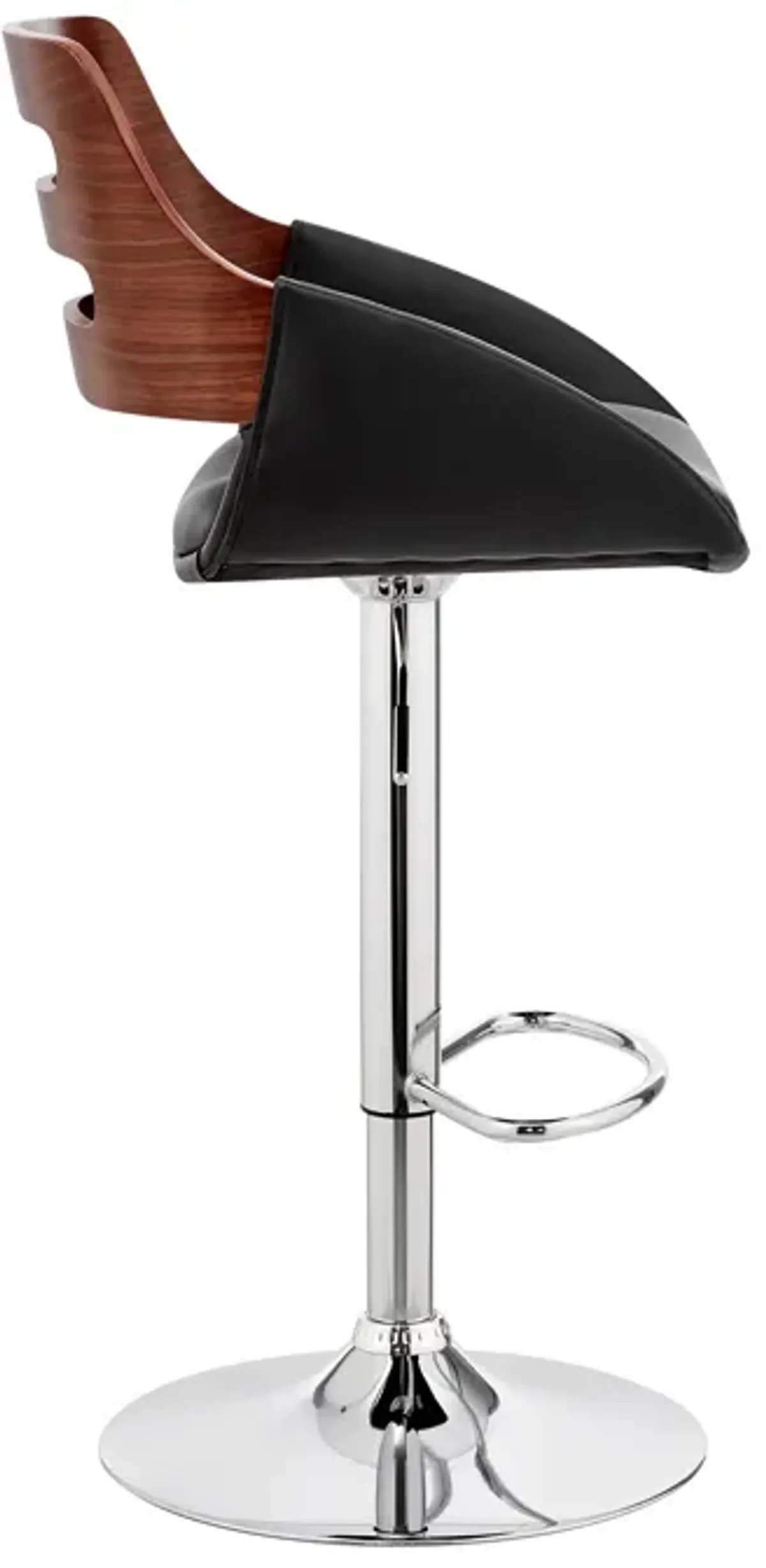 Karter Adjustable Black Faux Leather and Walnut Wood Bar Stool with Chrome Base