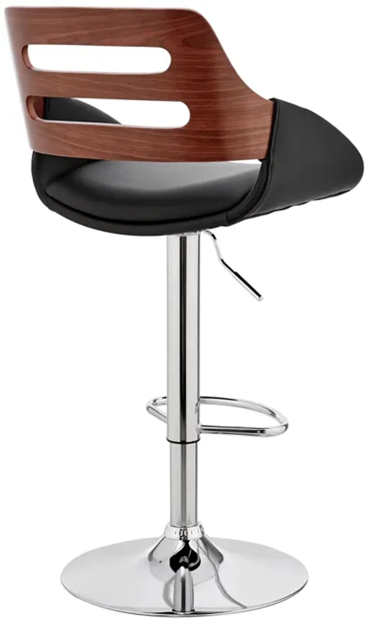 Karter Adjustable Black Faux Leather and Walnut Wood Bar Stool with Chrome Base