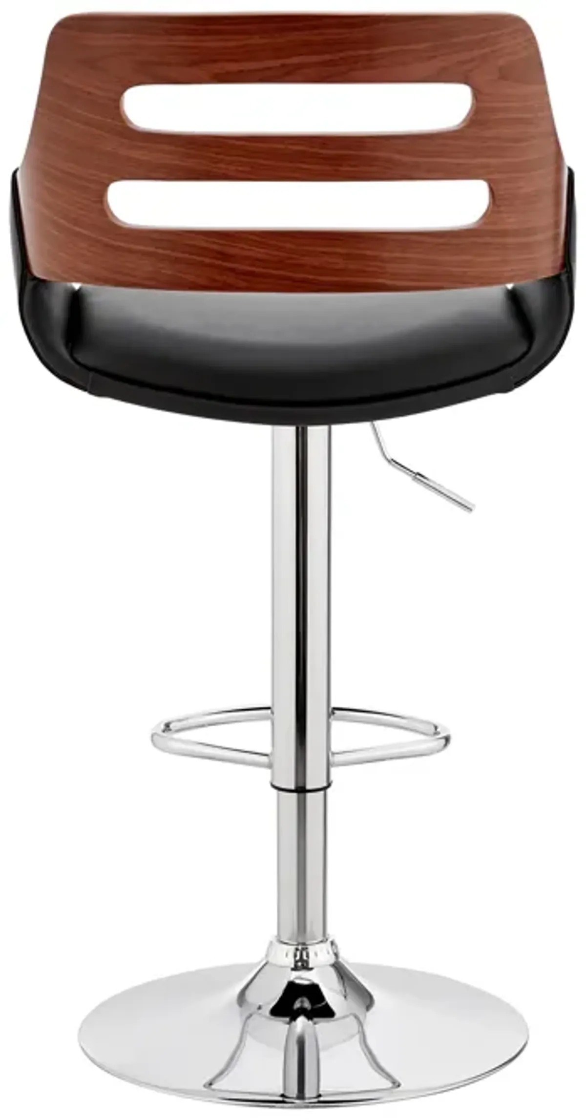 Karter Adjustable Black Faux Leather and Walnut Wood Bar Stool with Chrome Base