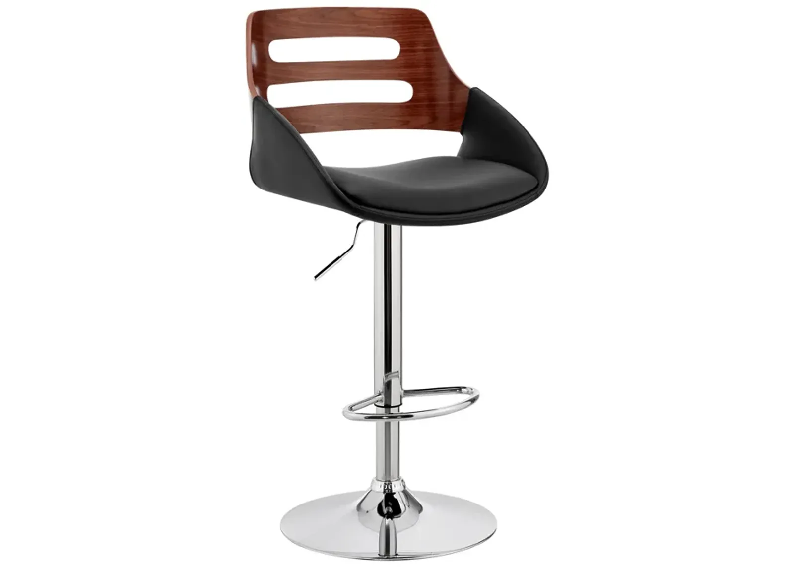 Karter Adjustable Black Faux Leather and Walnut Wood Bar Stool with Chrome Base