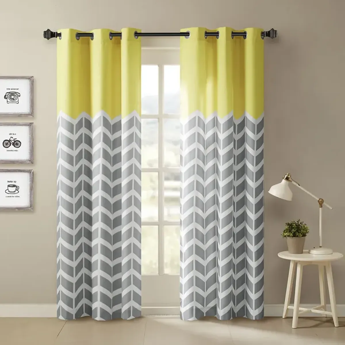 Intelligent Design Alex Yellow Chevron Printed Room Darkening Grommet Top Panel Pair