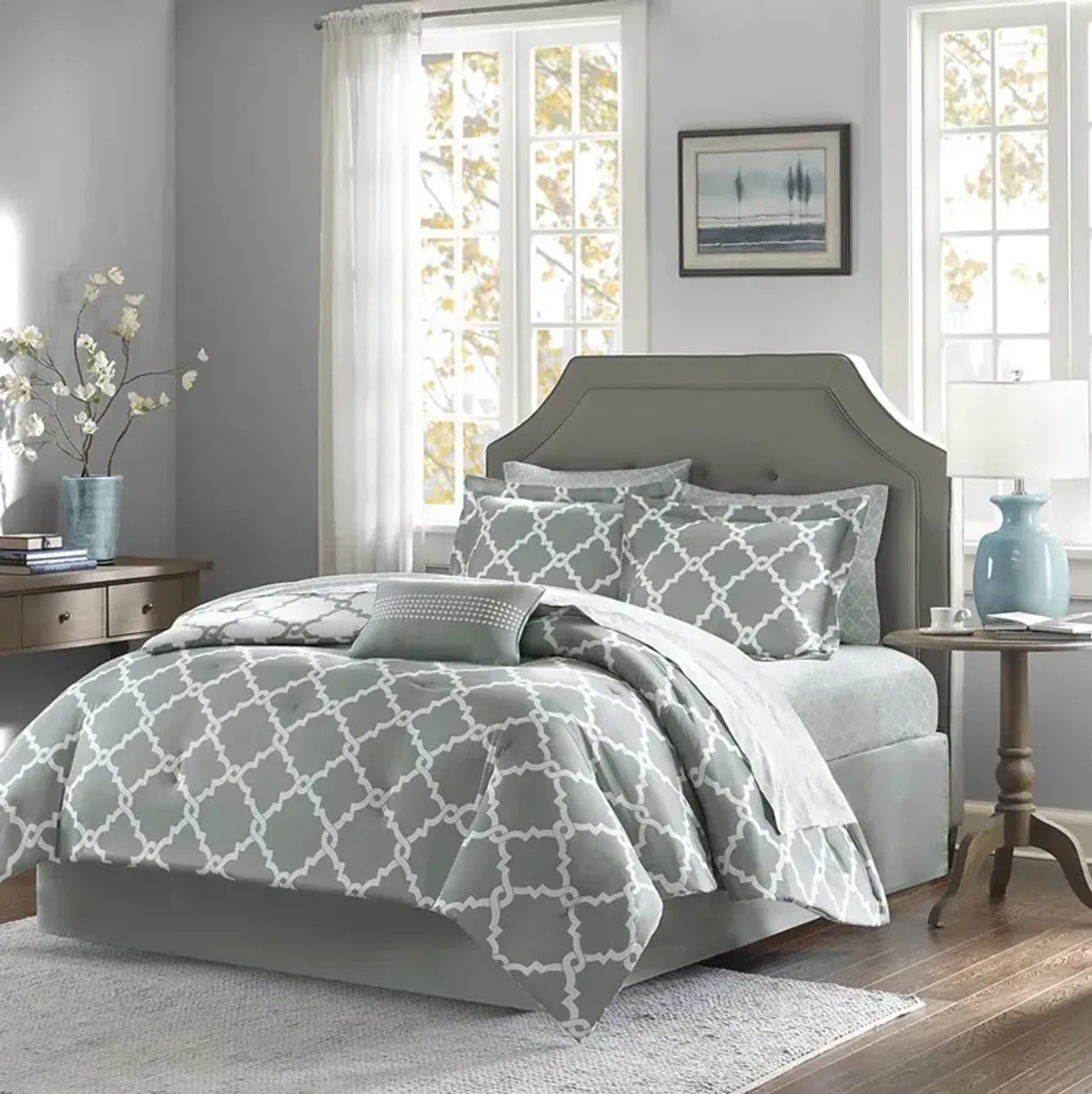 Madison Park Essentials Merritt Grey 9 Piece Comforter Set with Cotton Bed Sheets