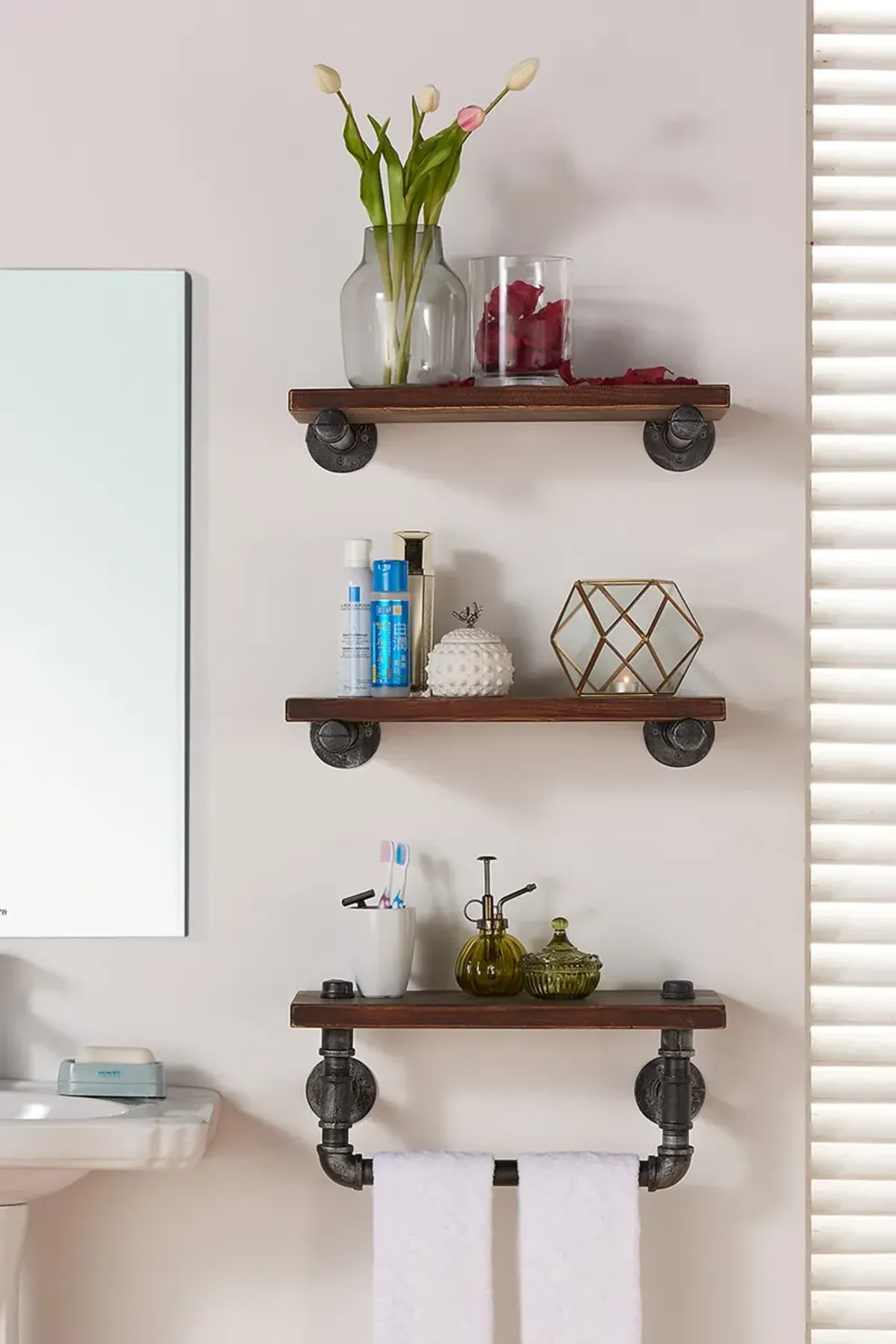 20" Conrad Industrial Pine Wood Floating Wall Shelf in Gray and Walnut Finish