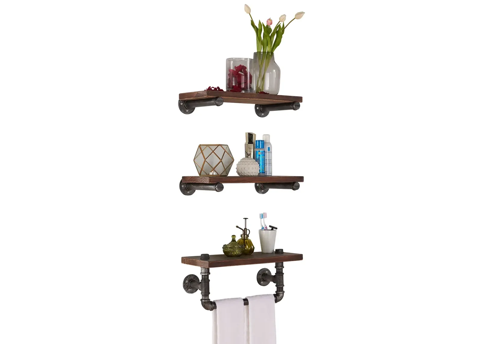 20" Conrad Industrial Pine Wood Floating Wall Shelf in Gray and Walnut Finish