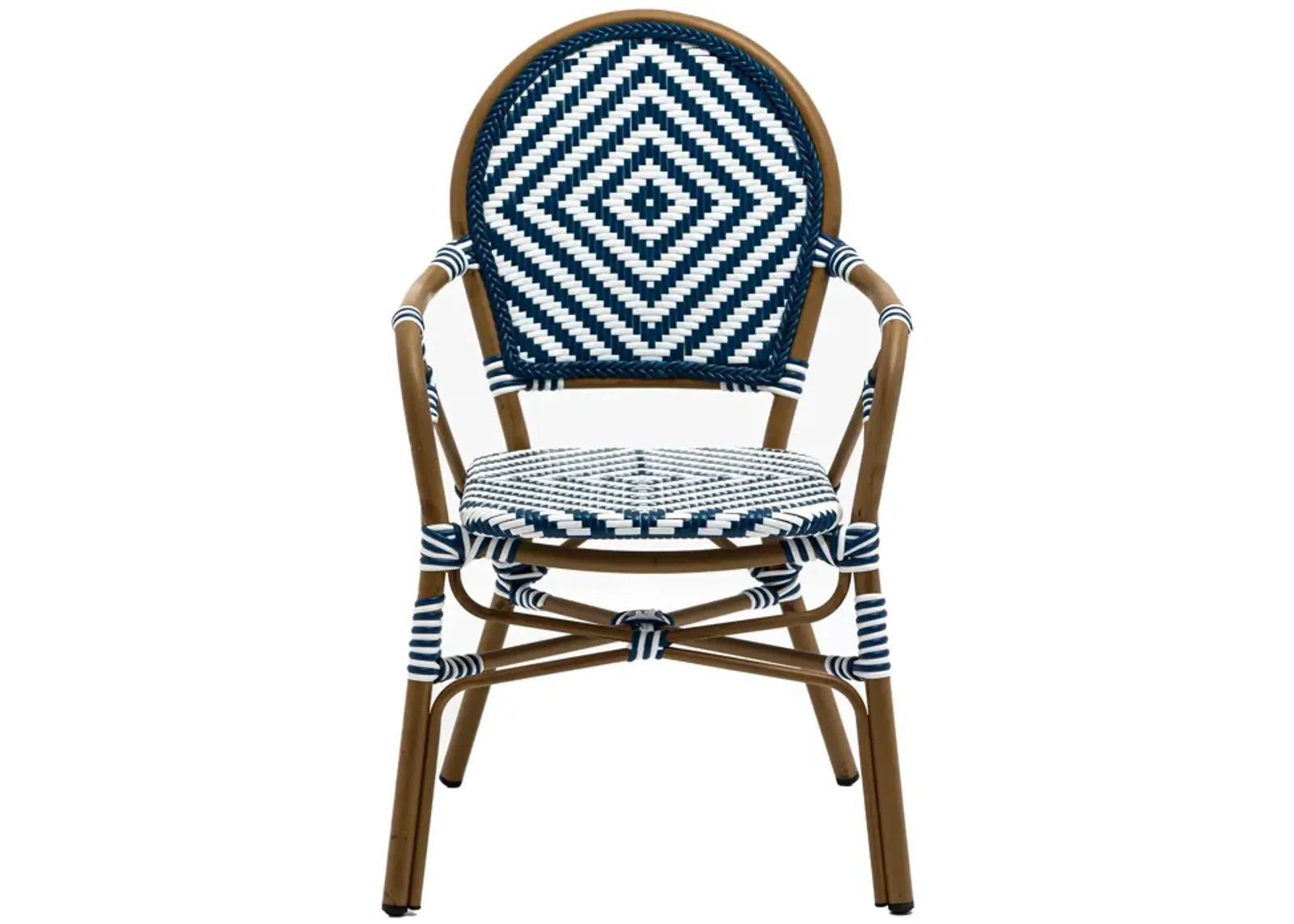 Orla Stacking Armchair in Blue/White Polyethylene Rattan with Light Brown Powder Coated Frame - Set of 2