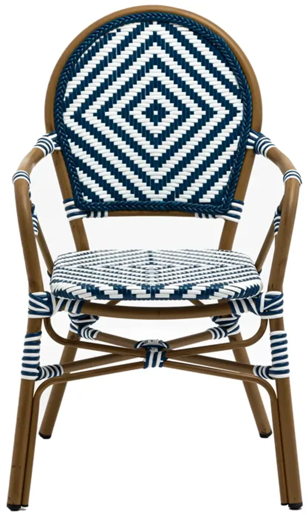 Orla Stacking Armchair in Blue/White Polyethylene Rattan with Light Brown Powder Coated Frame - Set of 2