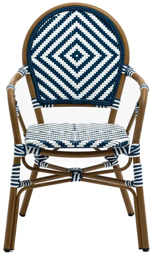Orla Stacking Armchair in Blue/White Polyethylene Rattan with Light Brown Powder Coated Frame - Set of 2
