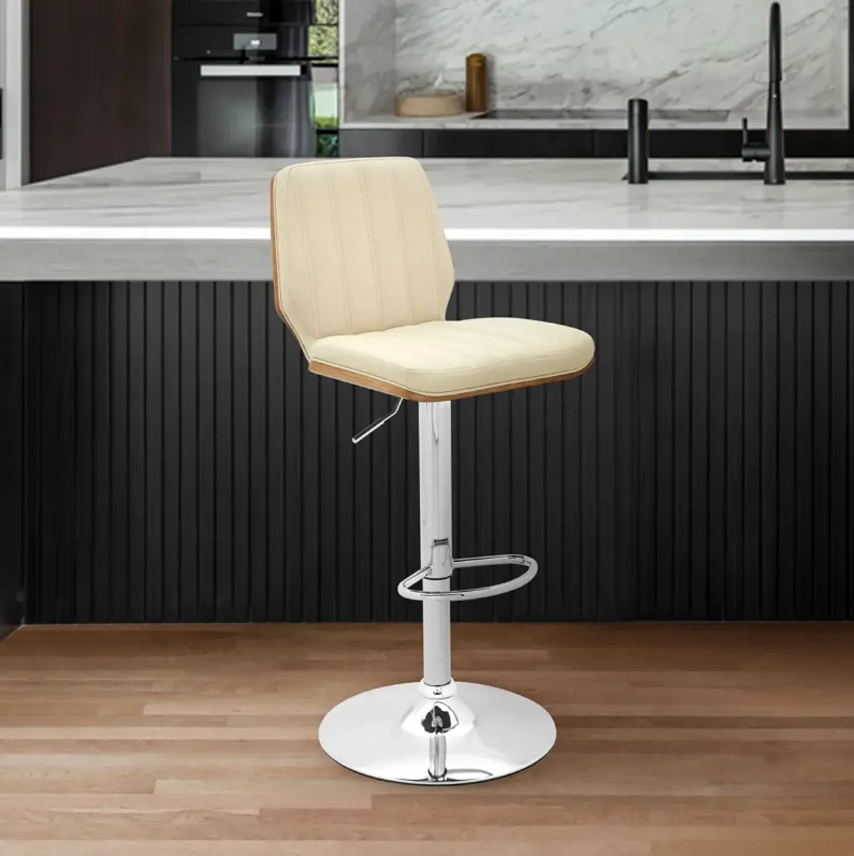 Sabine Adjustable Swivel Cream Faux Leather with Walnut Back and Chrome Bar Stool