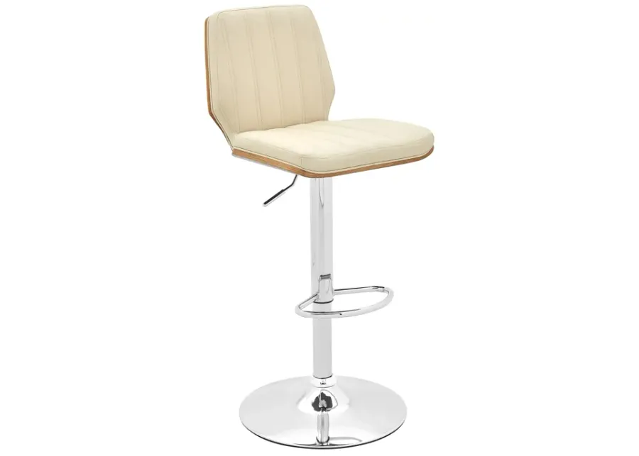 Sabine Adjustable Swivel Cream Faux Leather with Walnut Back and Chrome Bar Stool