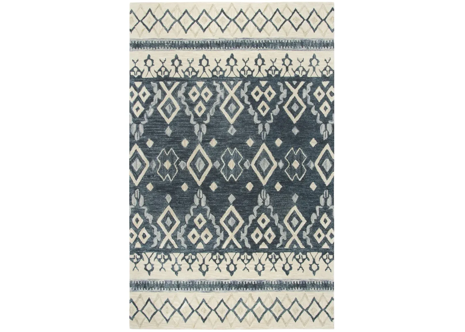 Opulent Gray/Dk.Blue Tribal Motif Wool 9'x12' Rectangle Rug