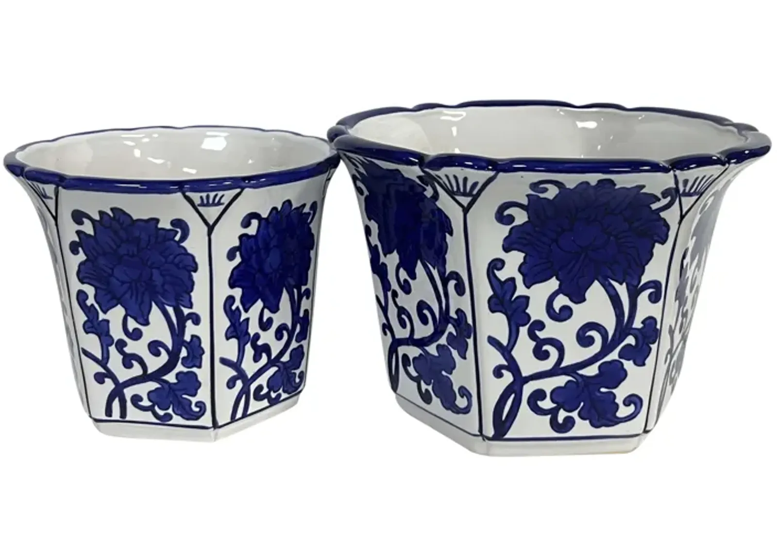 Cer, S/2 6/8" Fluted Chinoiserie Planters,blue/wht