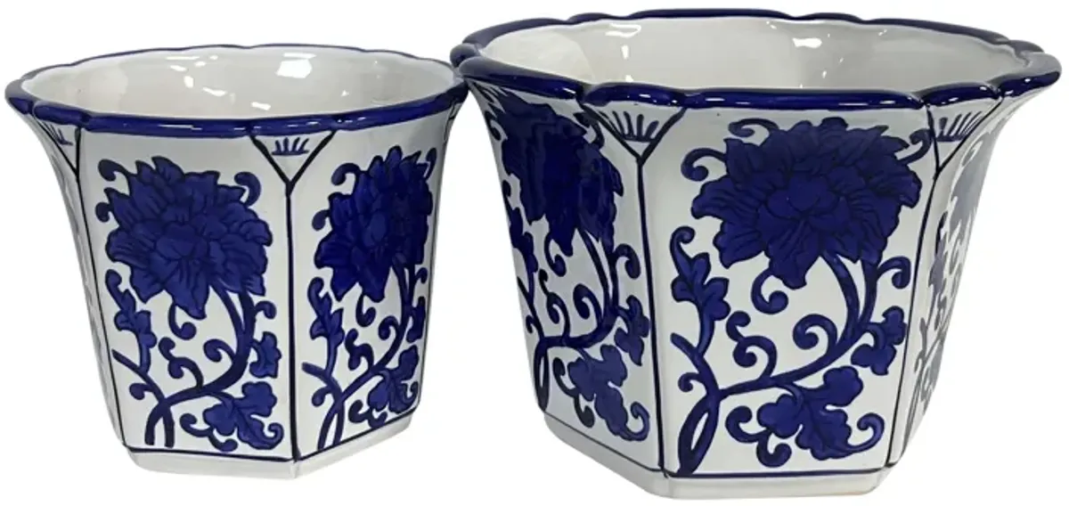 Cer, S/2 6/8" Fluted Chinoiserie Planters,blue/wht