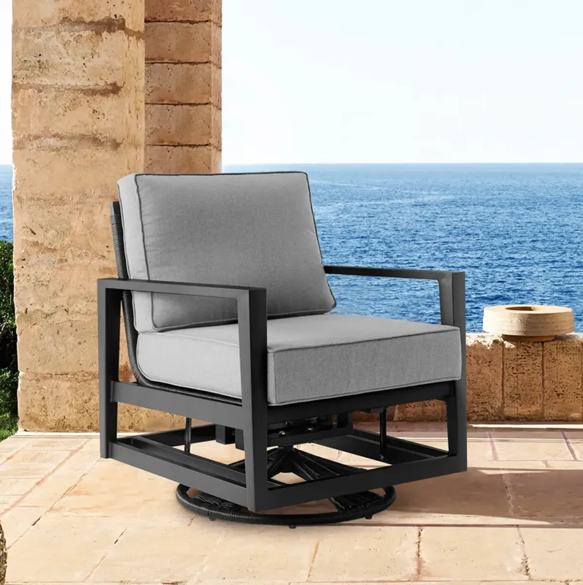 Cayman Black Aluminum Outdoor Swivel Glider Chair with Dark Gray Cushions