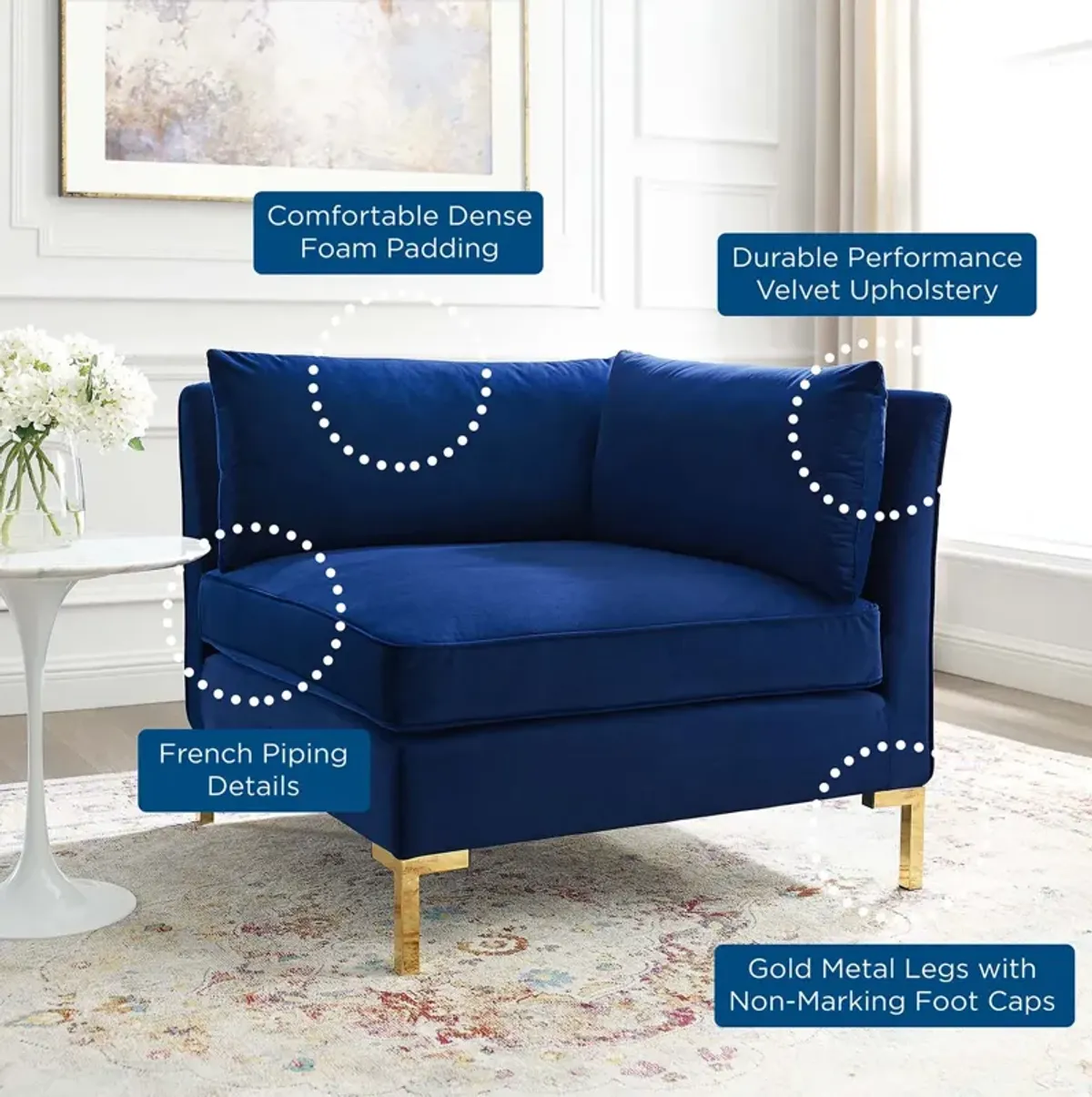 Ardent Performance Velvet Sectional Sofa Corner Chair