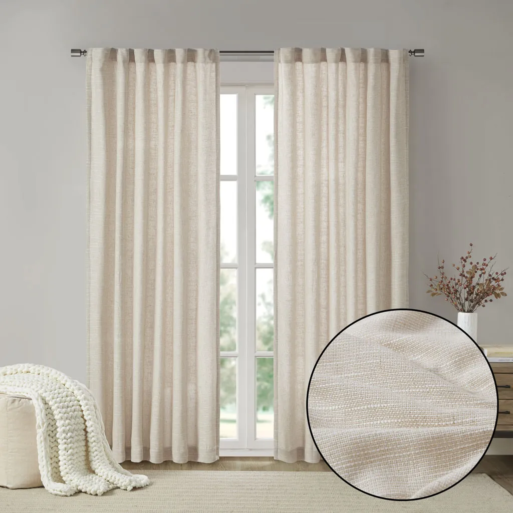 Madison Park Beals Natural Faux Linen Rod Pocket and Back Tab Fleece Lined Curtain Panel