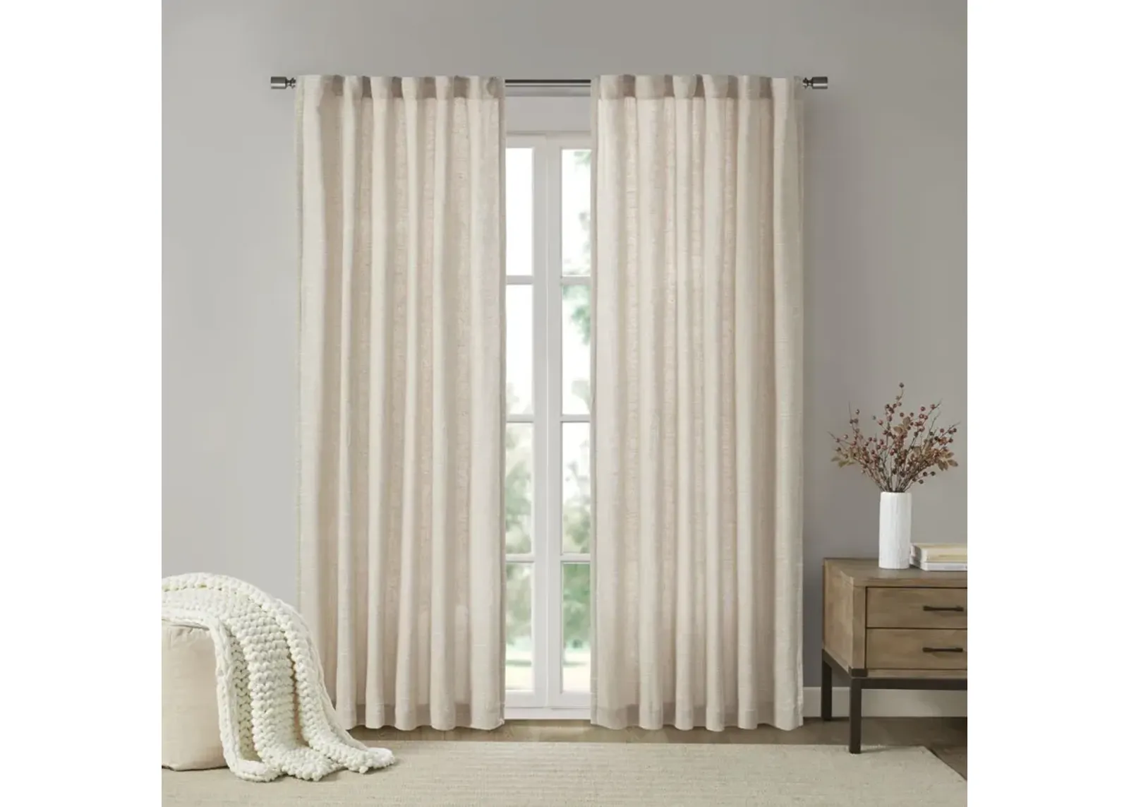 Madison Park Beals Natural Faux Linen Rod Pocket and Back Tab Fleece Lined Curtain Panel