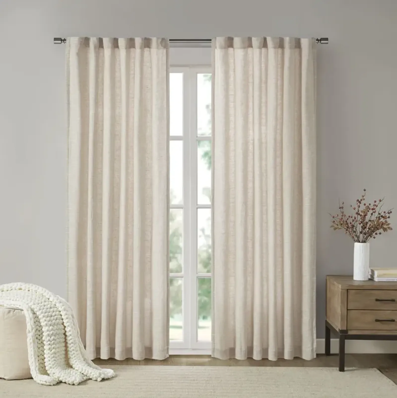 Madison Park Beals Natural Faux Linen Rod Pocket and Back Tab Fleece Lined Curtain Panel