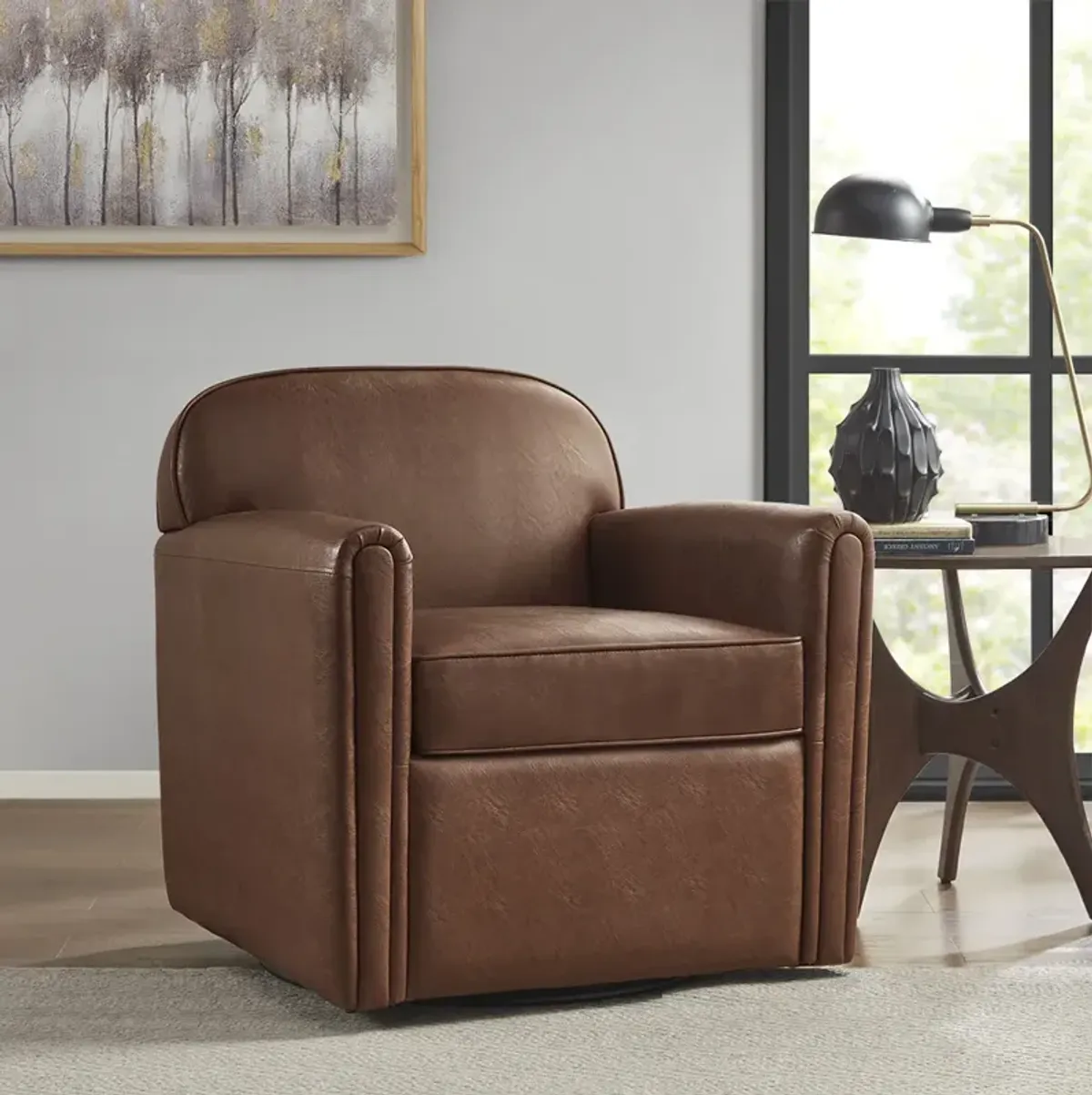 Madison Park Archer Brown Faux Leather 360 Degree Swivel Arm Chair