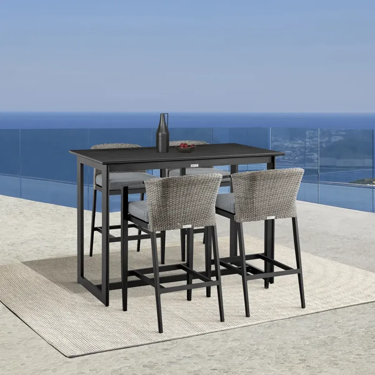 Aileen Outdoor Patio 5-Piece Bar Table Set in Aluminum with Gray Cushions