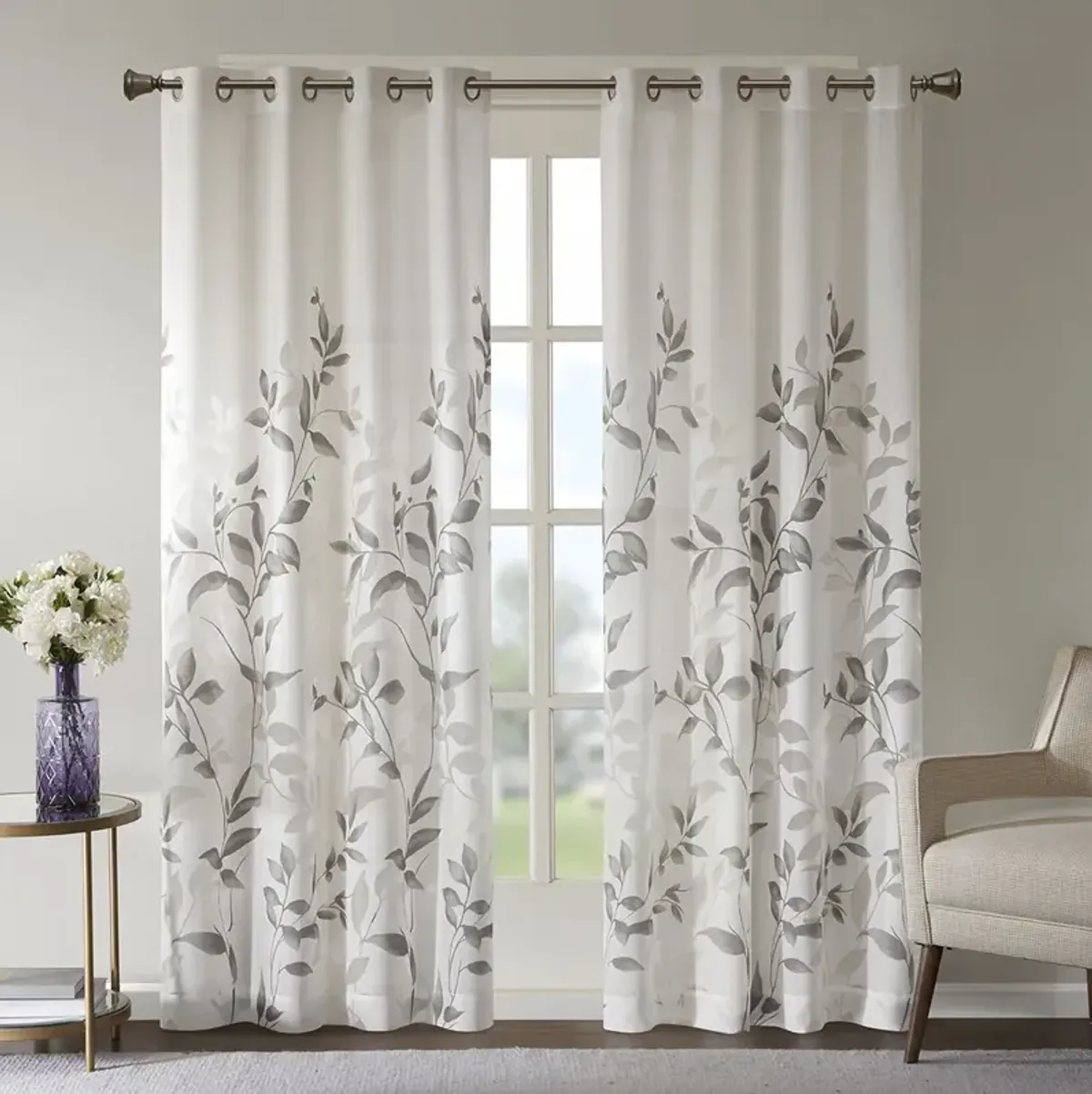 Madison Park Cecily Grey Burnout Printed Curtain Panel