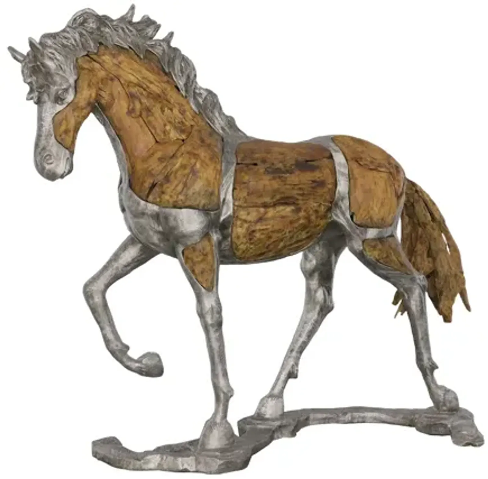 Mustang Horse Woodland Sculpture On Base, Walking