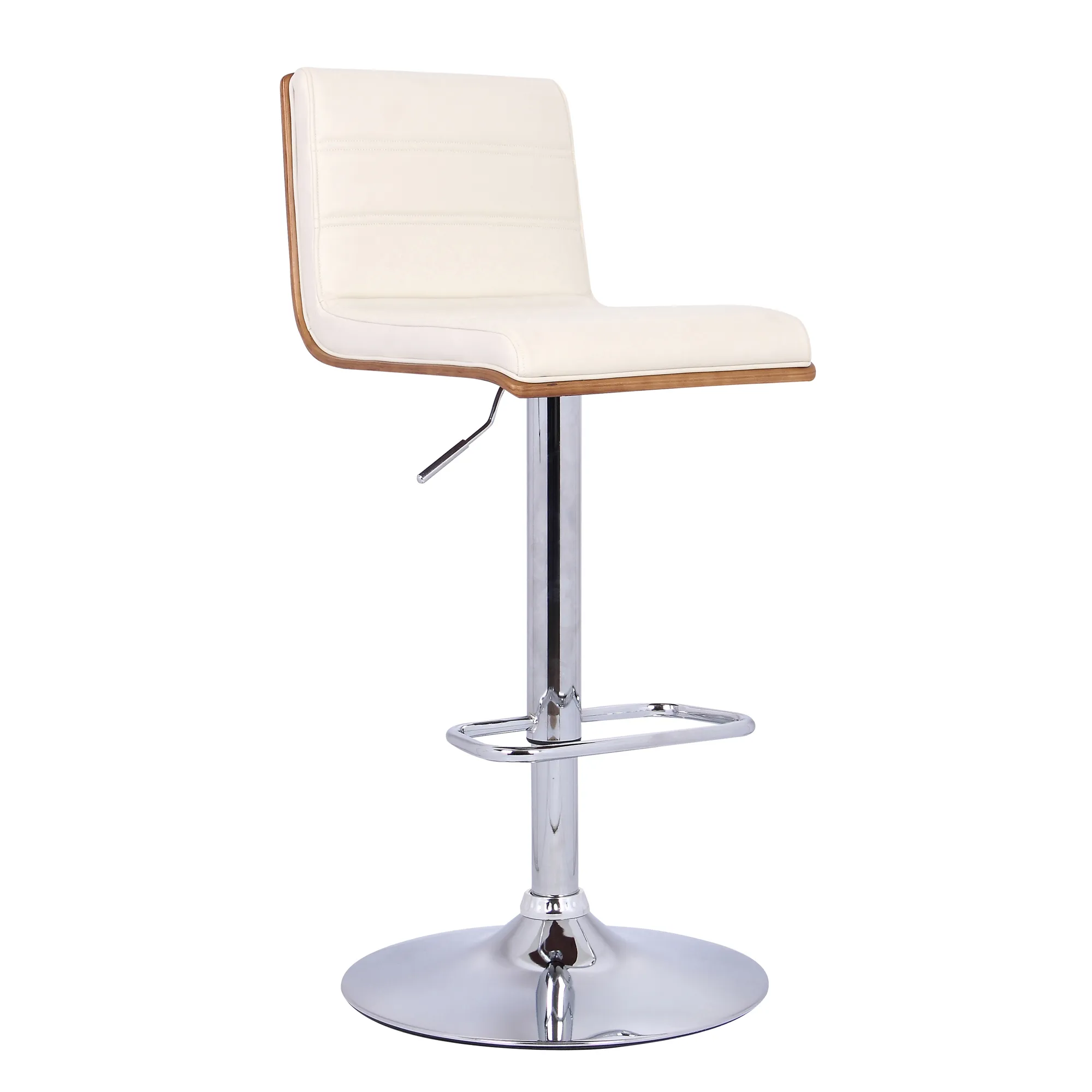 Aubrey Adjustable Height Swivel Cream Faux Leather and Chrome Bar Stool with Walnut Wood