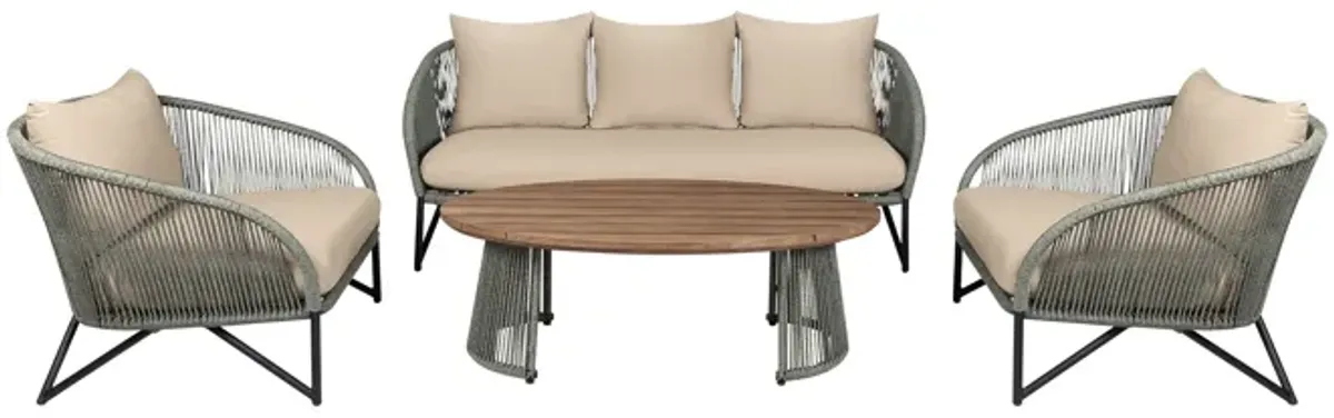 Benicia Outdoor Patio 4 Piece Conversation Set in Weathered Eucalyptus Wood and Metal with Gray Rope and Taupe Cushions