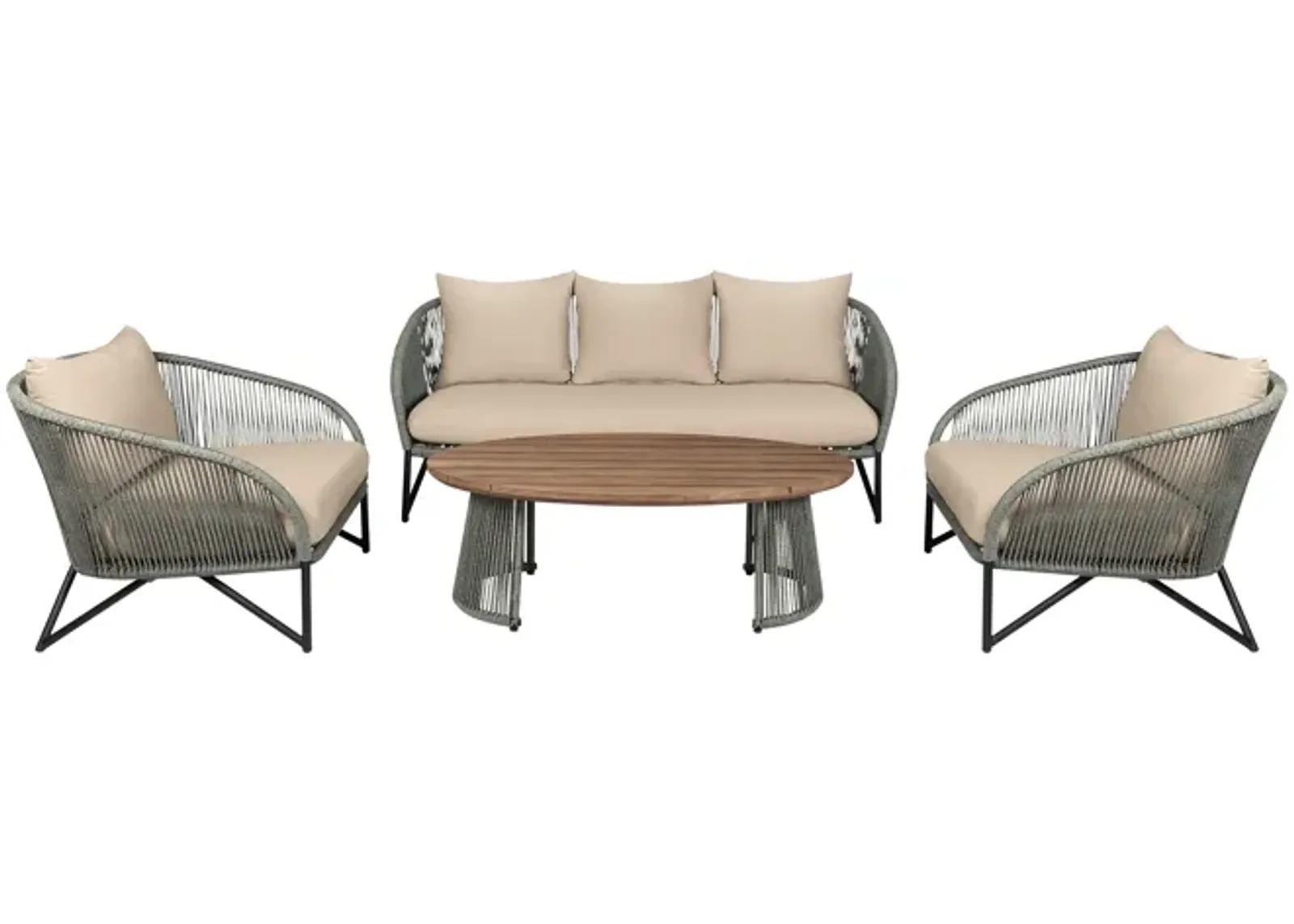 Benicia Outdoor Patio 4 Piece Conversation Set in Weathered Eucalyptus Wood and Metal with Gray Rope and Taupe Cushions