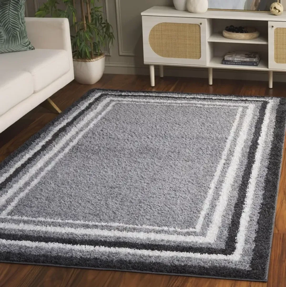 BORDER & STRIPE SHAG 251 Grey 8' X 10' Large Rectangle Rug