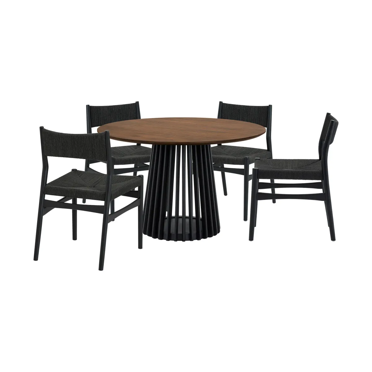 Pasadena Erie 5 Piece Round Dining Set in Walnut and Black Finish with Paper Cord Chairs