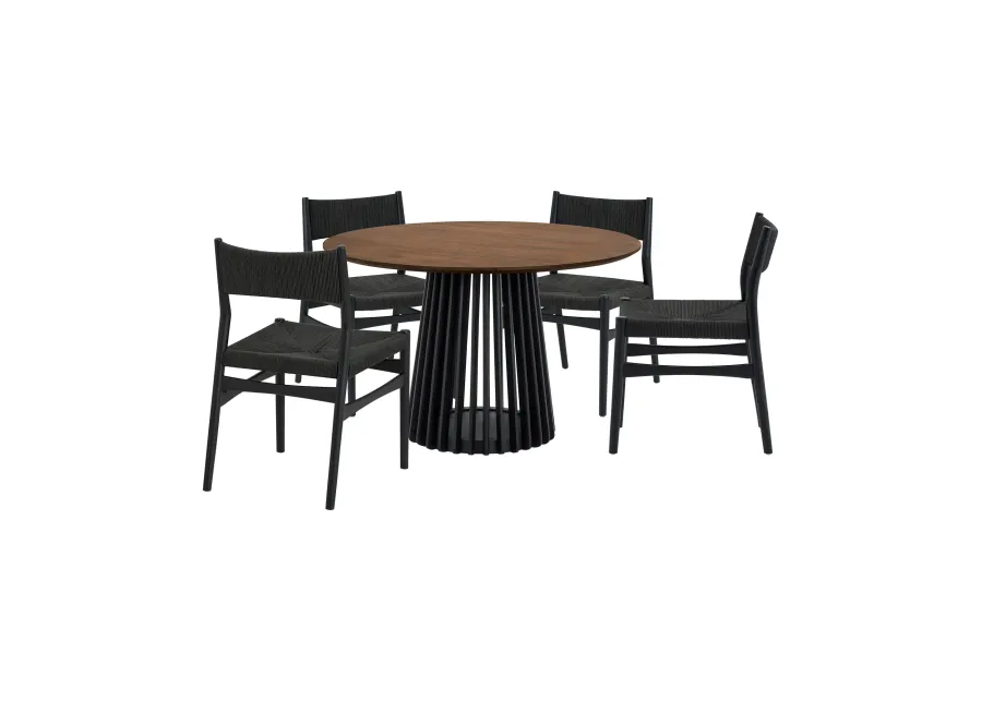 Pasadena Erie 5 Piece Round Dining Set in Walnut and Black Finish with Paper Cord Chairs