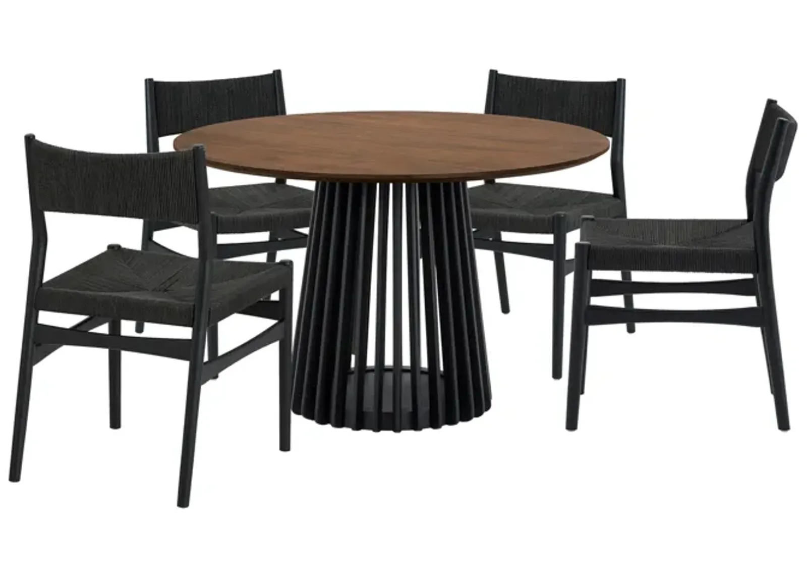 Pasadena Erie 5 Piece Round Dining Set in Walnut and Black Finish with Paper Cord Chairs