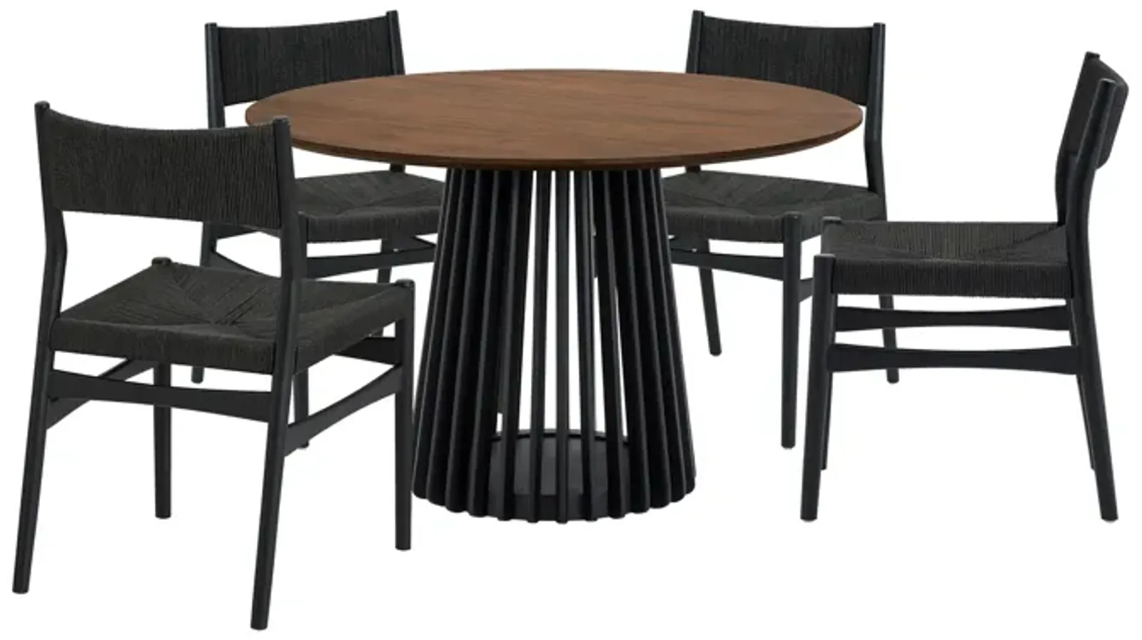 Pasadena Erie 5 Piece Round Dining Set in Walnut and Black Finish with Paper Cord Chairs