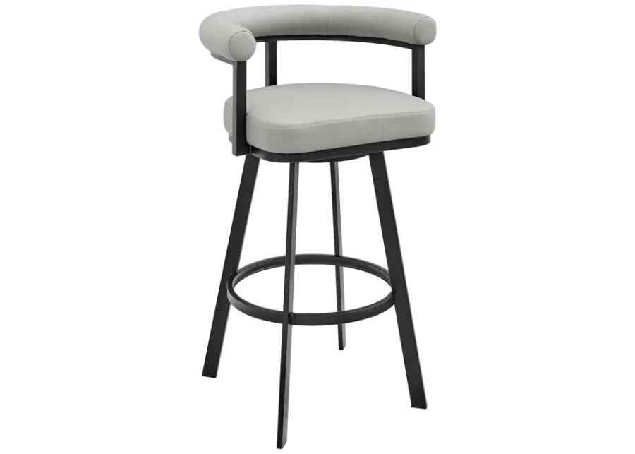 Nolagam Swivel Counter Stool in Black Metal with Light Gray Faux Leather