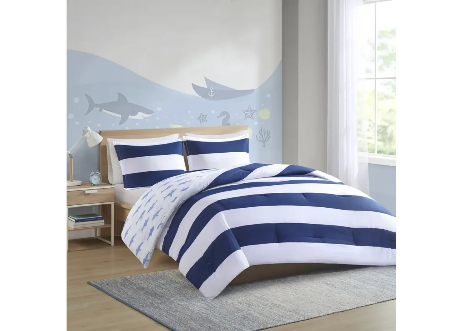 Urban Habitat Kids Sammie Navy Cotton Cabana Stripe Reversible Comforter Set with Shark Reverse