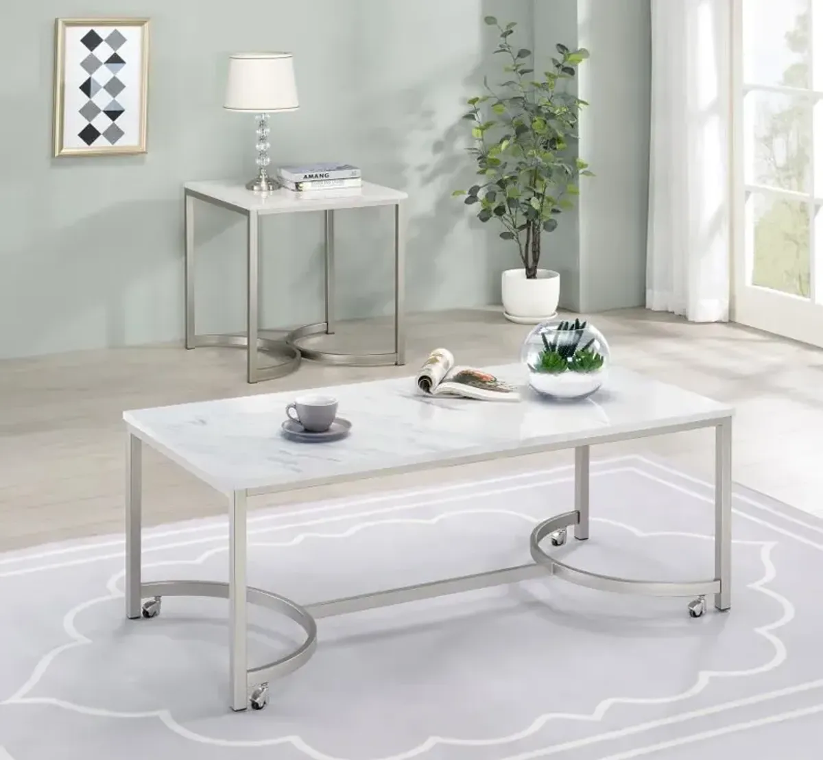 Leona Faux Marble Square End Table White and Satin Nickel